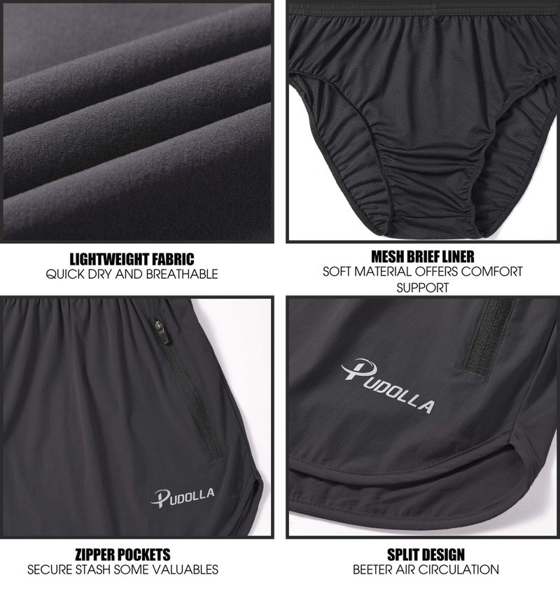 Pudolla Menâ€™s Running Shorts 3 Inch Quick Dry Gym Athletic Workout Shorts for Men with Zipper Pockets(Dark Grey Medium) - Image 5